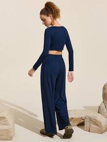 Easithlete Women's Round Neck Raglan Sleeve Long Sleeve Cropped T-Shirt And Pants Casual Versatile Yoga Outdoor Suit - Navy Blue - View 5