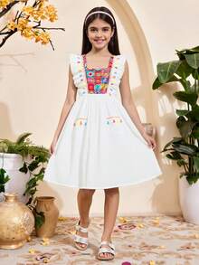 Tween Girls' Casual & Elegant & Vacation Style Hook Flower Pattern Printed Fringed Decoration Ruffle Hem Dress - White - View 5