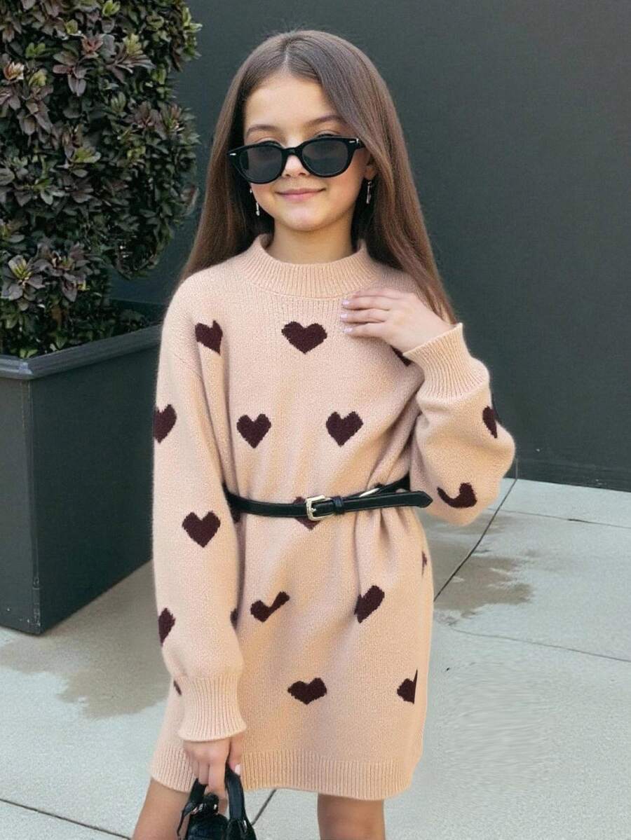 Firerie Kids Firerie Kids 女大童愛心圖案小高領燈籠袖毛衣洋裝不附腰帶 - 駝色 - 查看 1