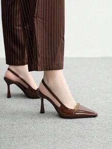 CUCCOO BIZCHIC 女士时尚棕色漆皮方头细高跟鞋，适合通勤、约会、聚会、派对等场合 - 棕色 - 查看 4