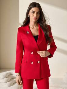 CLARA VERO Women Solid Color Suit Sets Blazer Jacket And Pants Rhinestone And Button Front Detailed - Red - View 4