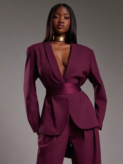 NYA SZN Lydia Jacket Blazer Oversized Button Up Plunge Neck Modest Old Money Business Casual Everyday Casual Vintage Church Office Teacher Back To School Fall Winter Suitable For Commuting Statement Valentines Day Outfits For Women