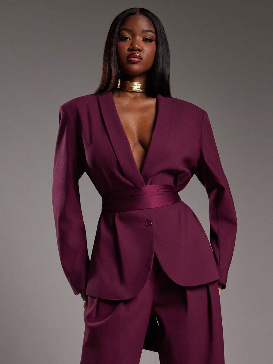 NYA SZN Lydia 夹克式西装外套，宽松版型，纽扣开襟，深V领，简约复古，商务休闲，日常休闲，适合教堂、办公室、教师、返校季、秋冬季，也适合通勤穿着，女士必备单品。 - 紅色 - 查看 1