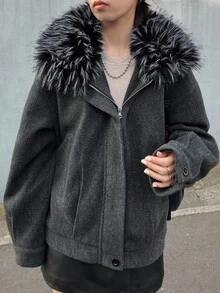 FRIFUL Áo khoác nữ cổ ve áo, viền lông mềm mại, dáng rộng, dày dặn - Xám - Xem 6