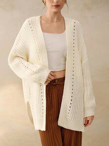 INAWLY Cardigan feminino de malha longa, solto, com ombros caídos, cor sólida, outono/inverno - Branco - Ver 1