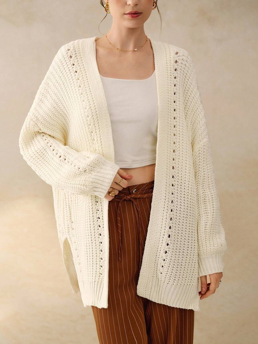 INAWLY Cardigan feminino de malha longa, solto, com ombros caídos, cor sólida, outono/inverno - Branco - Ver 1