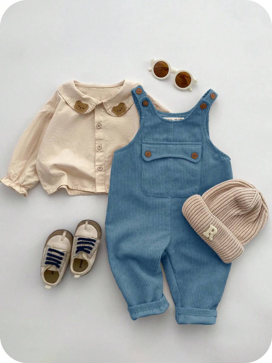 SHEIN Casual Sports Cute & Dropped Shoulder Loose Baggy Pocket Bib Overall Pants, Suitable For Baby Boys & Girls, Autumn/Winter Fall - Dusty Blue - View 1