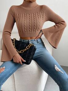 EURMUSE Mock Neck Cable Knit Flare Sleeve Crop Sweater - Grey - View 3