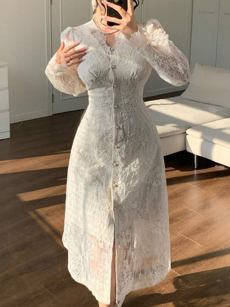 Vestido de fiesta elegante de longitud media con cuello en V, mangas abullonadas y encaje para mujer, vestido de graduación de otoño de largo maxi - Albaricoque - Ver 9