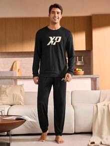 Manfinity Underwear&Sleepwear Basics Men's Letter Print Crew Neck Long Sleeve Top And Pants Pajama Set, Fall Winter Clothes - Black - View 1
