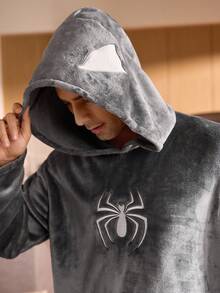 SHEIN Conjunto de ropa de estar en casa con estampado minimalista, compuesto por top con capucha y pantalones para hombre, ropa de otoño e invierno, esponjoso y acogedor - Gris Oscuro - Ver 4