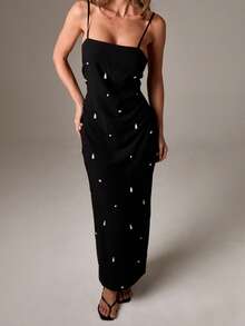 AiiRZ Đầm maxi dài bằng vải lanh thanh lịch, đính ngọc trai đen, kiểu dáng suông, có dây đeo, hở lưng, cổ thẳng, ôm sát, dài đến sàn, thích hợp cho tiệc tùng và trang phục trang trọng. - màu đen - Xem 3