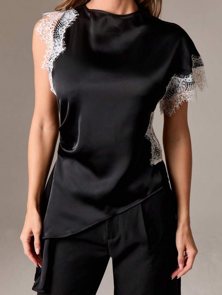 Lace Trim Asymmetrical Satin Blouse With Draped Peplum