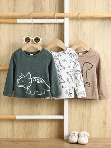 SHEIN 23 件/套婴儿/幼儿男孩/女孩纯色圆领长袖 T 恤，针织上衣，舒适，百搭，时尚休闲日常穿着，可爱恐龙图案，基本款式，适合室内、户外、滑雪、日常活动、运动、派对、摄影、度假、秋冬