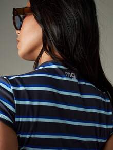 MISSGUIDED Athletic Striped Crew Neck T-Shirt For Women Short Sleeve Fitted Active Top Navy Blue Training Tee - Multicolor - View 6