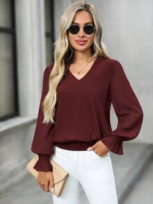 EMERY ROSE 女式纯色褶皱宽松时尚衬衫 - 酒紅色 - 查看 3