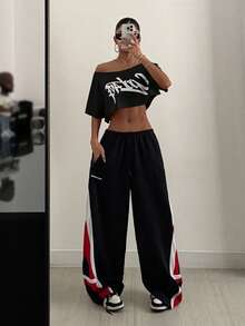 Coolane Women Fall Streetwear Going Out Sport Casual Graphic Off Shoulder Slouchy Cropped Black T-Shirt,Black Tops - Black - View 4