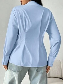 SHEIN EZwear 浅蓝色加大码女式长袖单排扣褶皱设计休闲办公衬衫 - 淺藍色 - 查看 2