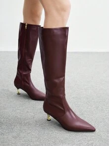 CUCCOO BIZCHIC 女士时尚尖头勃艮第酒红色简约优雅百搭侧拉链细高跟及膝靴 - 酒紅色 - 查看 6