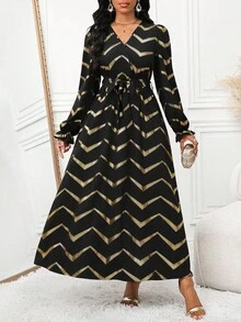 SHEIN Lady Casual Cinched Waist Cinched Waist V-Neck Long Sleeve Dress For Women