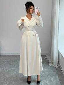 Elenzga 秋冬时尚新款纯色 V 领腰部褶饰 A 字长款风衣，适合派对、节日活动、圣诞节、万圣节、度假、约会、通勤 - 杏色 - 查看 5