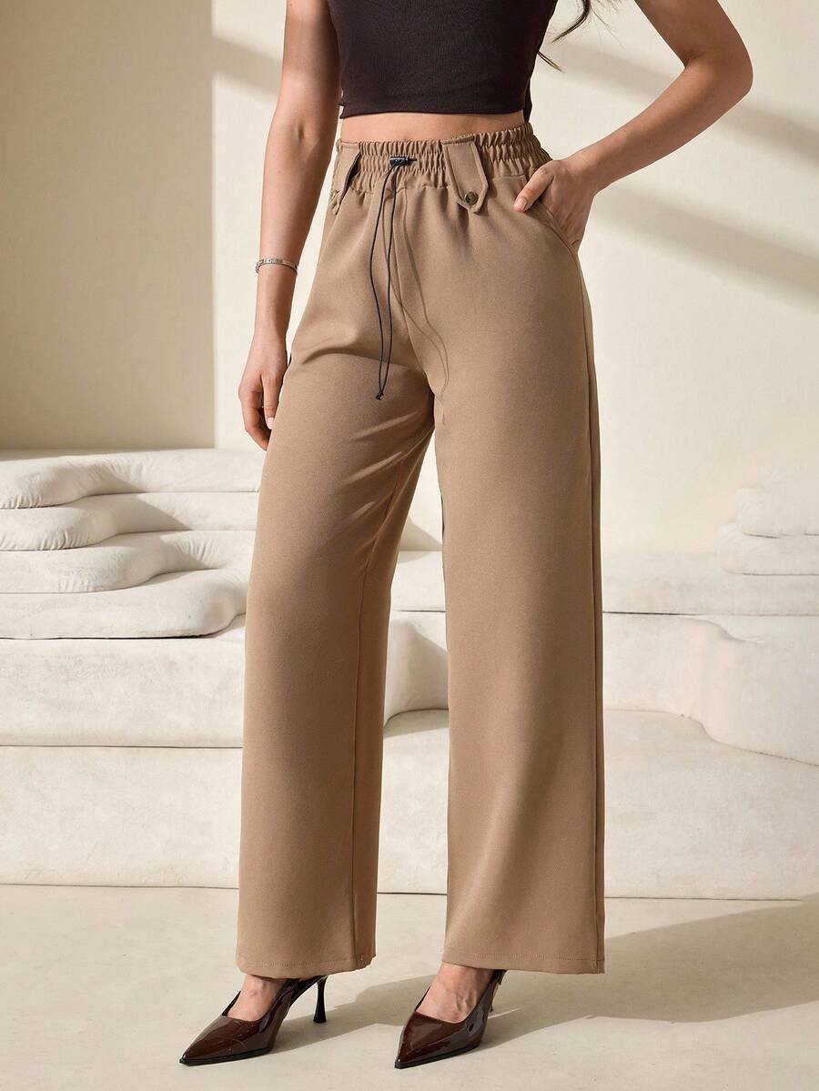 CLARA VERO Women Solid Color Mid Waist Straight Pants - Mocha Brown - View 1