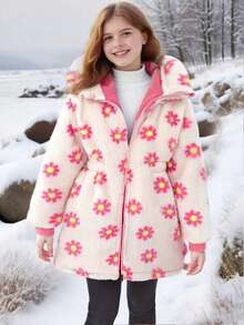 SHEIN 1 件女童豹纹双面蓬松长袖风衣夹克，适合秋冬季 - 粉色 - 查看 5