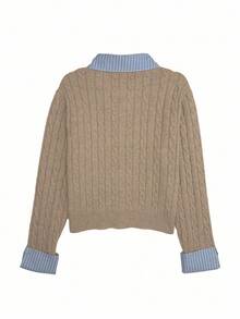 Chiquease Blogger-Inspired 2 In 1 Patchwork Knit Cropped Cardigan,Light Blue,Autumn,Elegant,School,Back-To-School European American Style Cable Ribbed Cardigan - Khaki - View 2