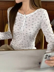 FRIFUL 女式圆领长袖碎花修身休闲领口 T 恤，百搭秋冬 - 彩色 - 查看 7