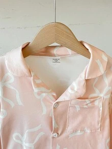 SHEIN 2件套 女童可爱蝴蝶结装饰白色长袖上衣和裤子睡衣套装 浅粉色睡衣套装 儿童真丝睡衣 女童睡衣 女童真丝睡衣套装 蝴蝶结睡衣套装 嘉年华秋冬儿童翻领长款睡衣套装 - 淺粉色 - 查看 8