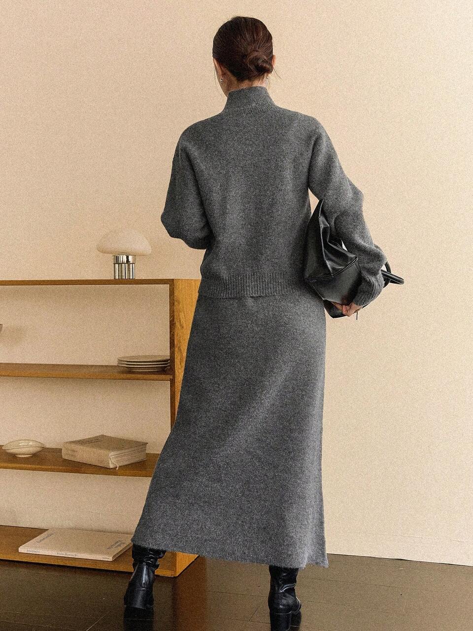 2pcs/Set Women Loose Casual Gray Sweater, Autumn/Winter