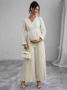 Momance 孕妇连体裤，长袖，V 领，蝴蝶结系带，褶裥裤腿，宽松孕妇裤 - 杏色 - 查看 5