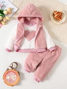 3 件套女婴服装套装：连帽羊毛夹克、心形印花撞色圆领毛衣和松紧腰裤