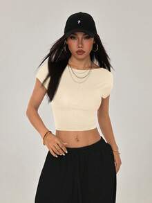 SHEIN PETITE 休闲纯色百搭短款露背T恤，适合娇小身材，夏季 - 杏色 - 查看 7