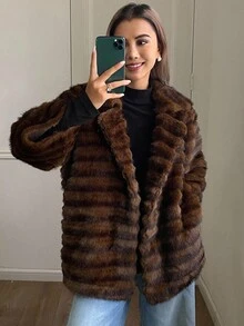 DAZY 厚绒毛领优质女士冬季外套夹克蓬松大衣 - 棕色 - 查看 4