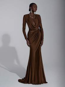 Elitara Elegant & Millennium Futuristic Chocolate Brown Knit Zipper Dress,Hollow Chest Cups,Long Sleeves,Pleated Waist,Slit Hem,Formal Evening Gala Gown - Coffee Brown - View 1