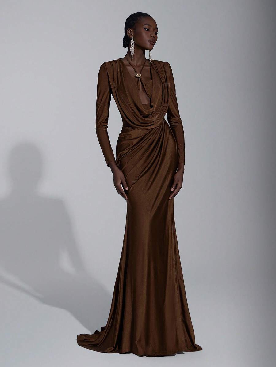 Elitara Elegant & Millennium Futuristic Chocolate Brown Knit Zipper Dress,Hollow Chest Cups,Long Sleeves,Pleated Waist,Slit Hem,Formal Evening Gala Gown - Coffee Brown - View 1