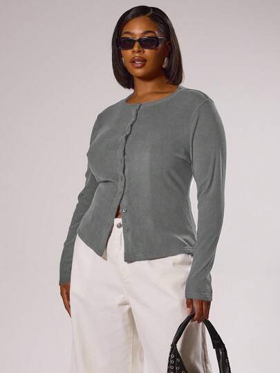 MUSERA 大码修身长袖纽扣上衣，优雅高贵，适合度假、休闲、可爱、浪漫的90年代Y2K风格冬季穿着。