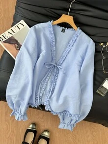 SHEIN Frenchy Women's Casual Solid Color Frill Trim Tie Front Shirt,Fall Clothes For Women ,Elegant Blouse For Party ,Wedding Guest Blouses For Women,Party Blouses ,Going Out Blouses ,Blouses For Civil Wedding ,Elegant Blouses For Women, Chic Blouses Winter Spring - Multicolor - View 5