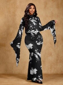 Brilight Women's Black And White Coated Printed Flared Sleeves Large Sleeves Modern Long Dress Simple Casual Outing