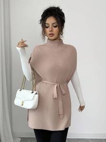 Rafferiza Autumn/Winter New High Collar Mid-Length Tie-Up Elegant Casual Knitted Sweater Dress For Women - Camel - View 6