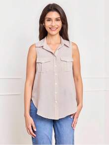 SHEIN LUNE 女士无袖纯色休闲衬衫，夏季简约时尚 - 卡其色 - 查看 4