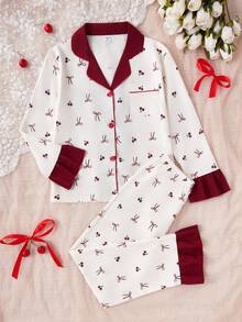 Genkimix Kids 2 件女童可爱樱桃和蝴蝶结印花长袖开衫和裤子套装，休闲舒适的家居服 - 彩色 - 查看 6