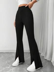 SHEIN 青少年女孩休闲喇叭裤，侧开衩，百搭别致学院风长裤