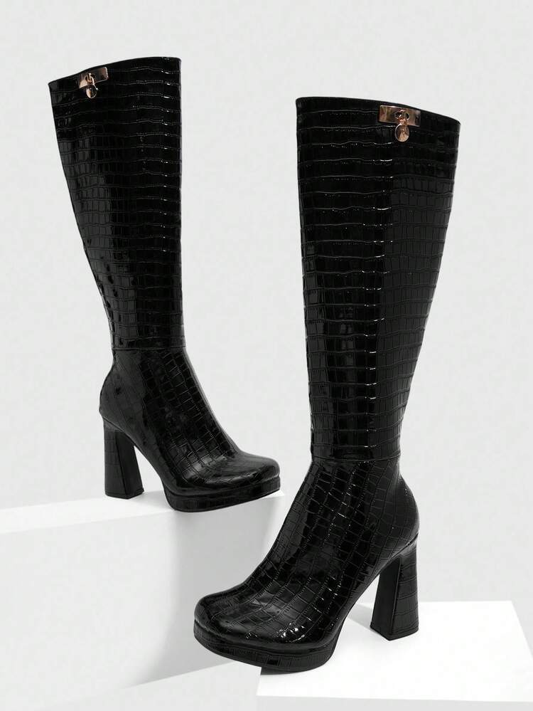 CUCCOO SZL Women's New Fashion Boots, Waterproof Platform Thick Heel Square Toe Sexy Black Knee-High Boots, Autumn/Winter