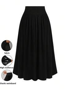 SHEIN PETITE 女式纯色高腰针织休闲A字裙 - 黑色 - 查看 1