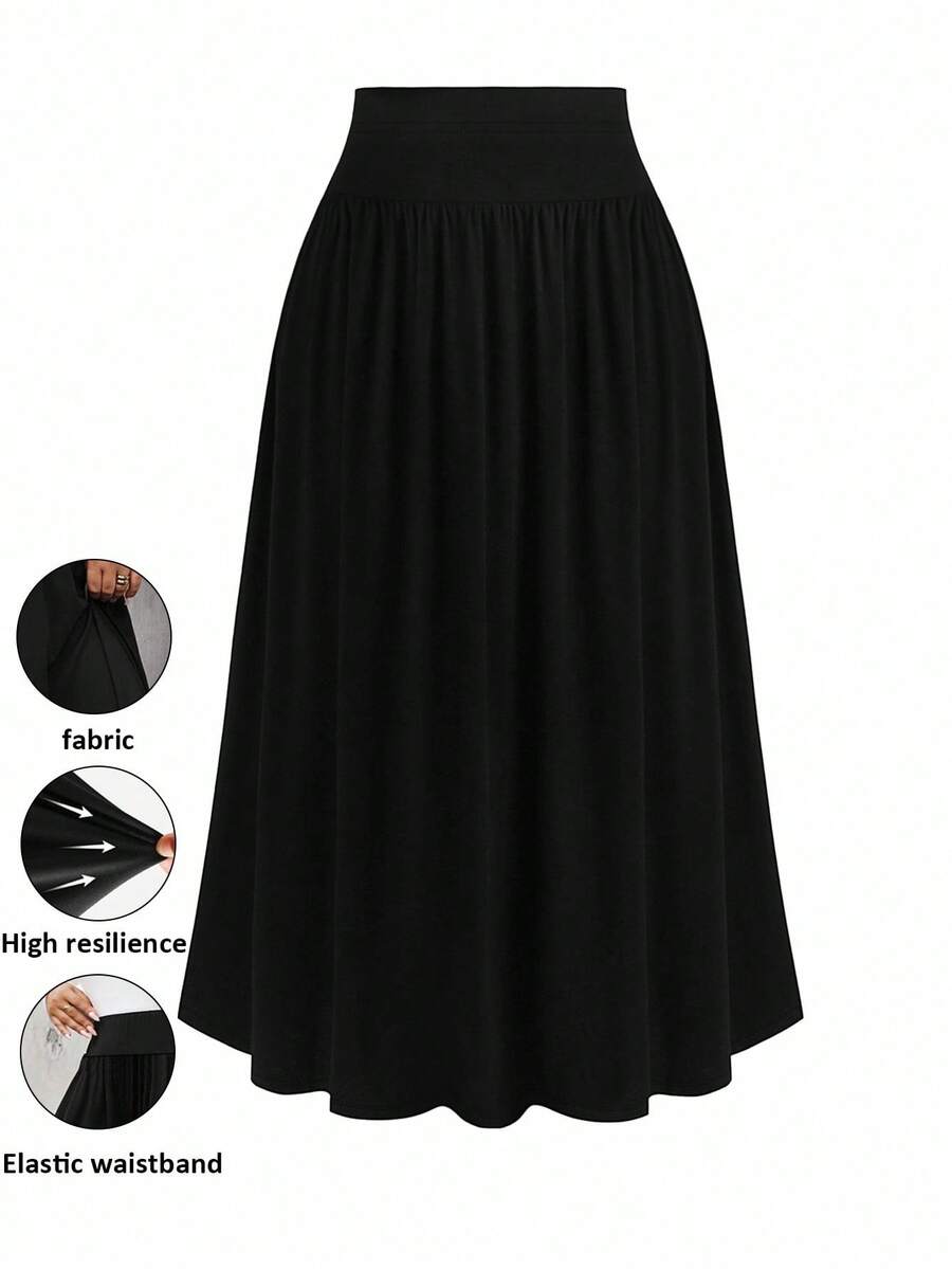 SHEIN PETITE 女式纯色高腰针织休闲A字裙 - 黑色 - 查看 1