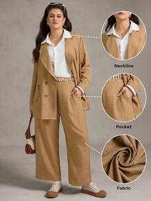 Zelara Plus Size Women's Linen-Like Slub Fabric Solid Color Asymmetrical Collar Long Sleeve Jacket And Pants Suit Set Fall Women Clothes Back To School Homecoming Business Casual Woman Country Concert Outfit Modest Old Money Stockholm Style Office Wear Teacher Outfits For Women Fall Women Clothes Korean Style Business Casual Women Teacher Outfits For Women Homecoming