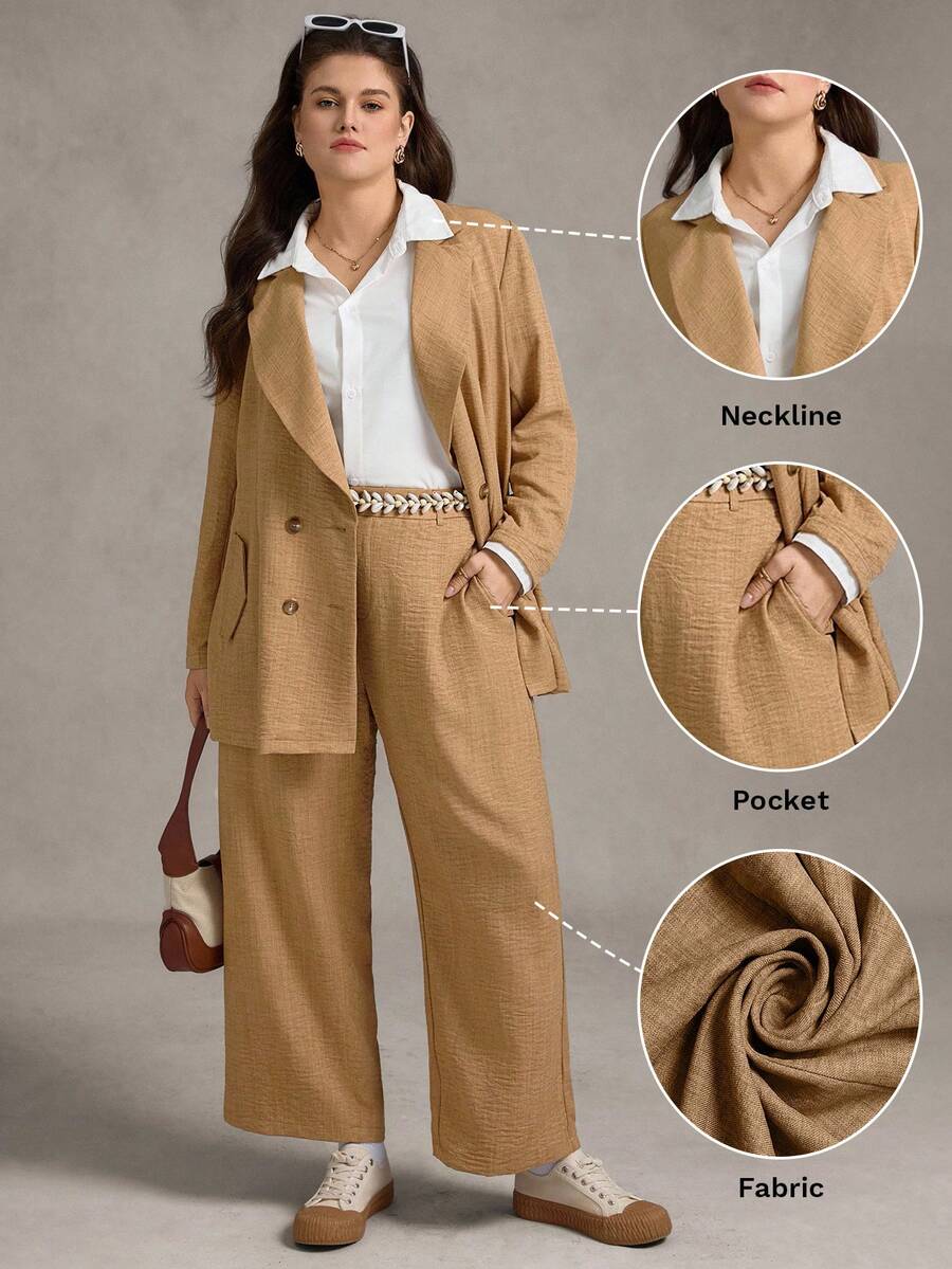 Zelara Plus Size Women's Linen-Like Slub Fabric Solid Color Asymmetrical Collar Long Sleeve Jacket And Pants Suit Set Fall Women Clothes Back To School Homecoming Business Casual Woman Country Concert Outfit Modest Old Money Stockholm Style Office Wear Teacher Outfits For Women Fall Women Clothes Korean Style Business Casual Women Teacher Outfits For Women Homecoming