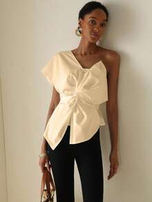 Vesra Bluzka damska w jednolitym kolorze z węzłem w talii i modnym wzorem - Kolor khaki - Zobacz 4